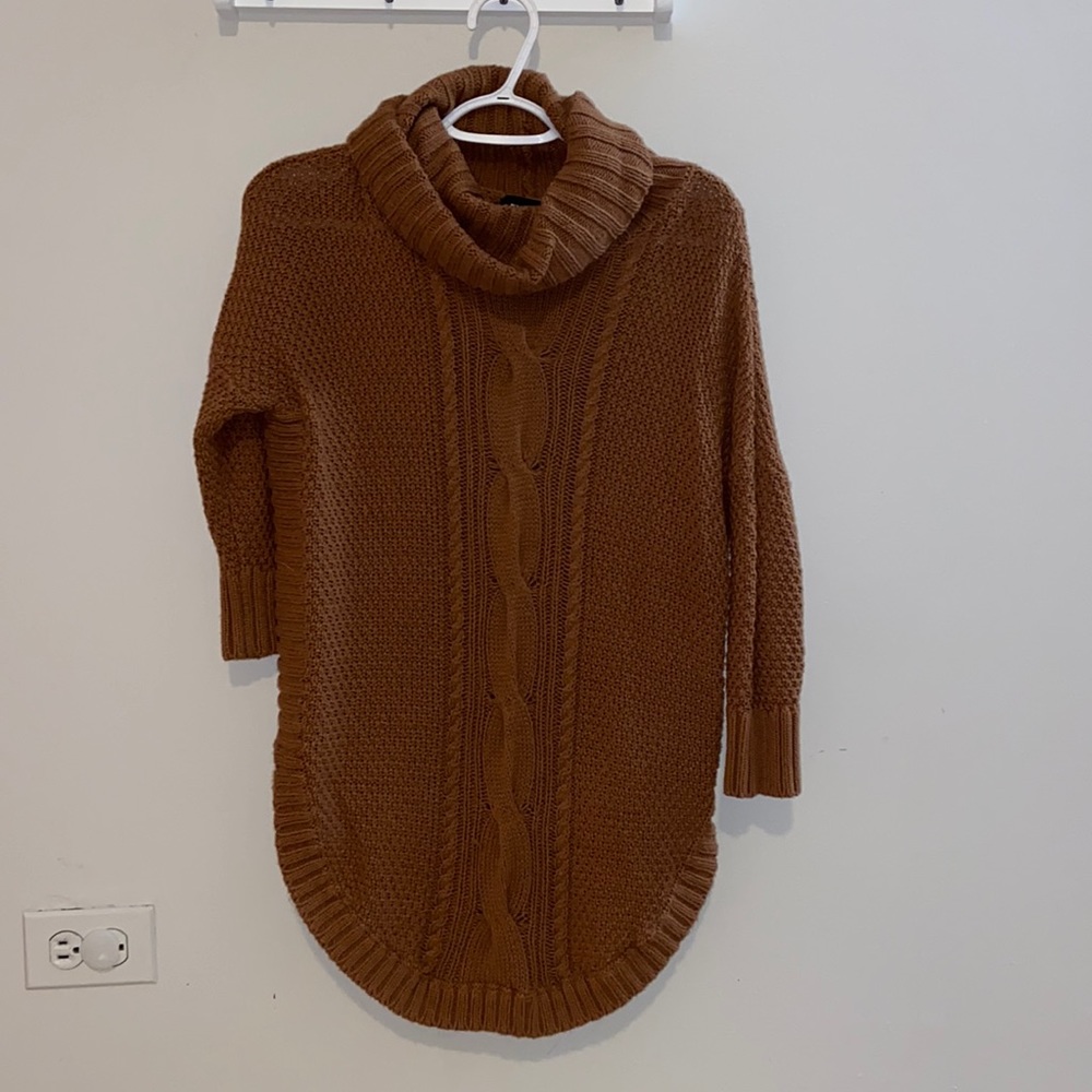 Casual slouchy brown cable knit cowl neck sweater
